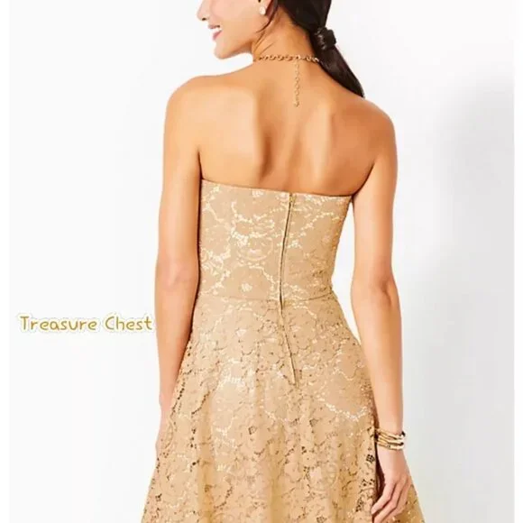 Lilly Pulitzer Aubrianna Strapless Gold Metallic Lace Floral Sweethea Midi Dress - Picture 8 of 13